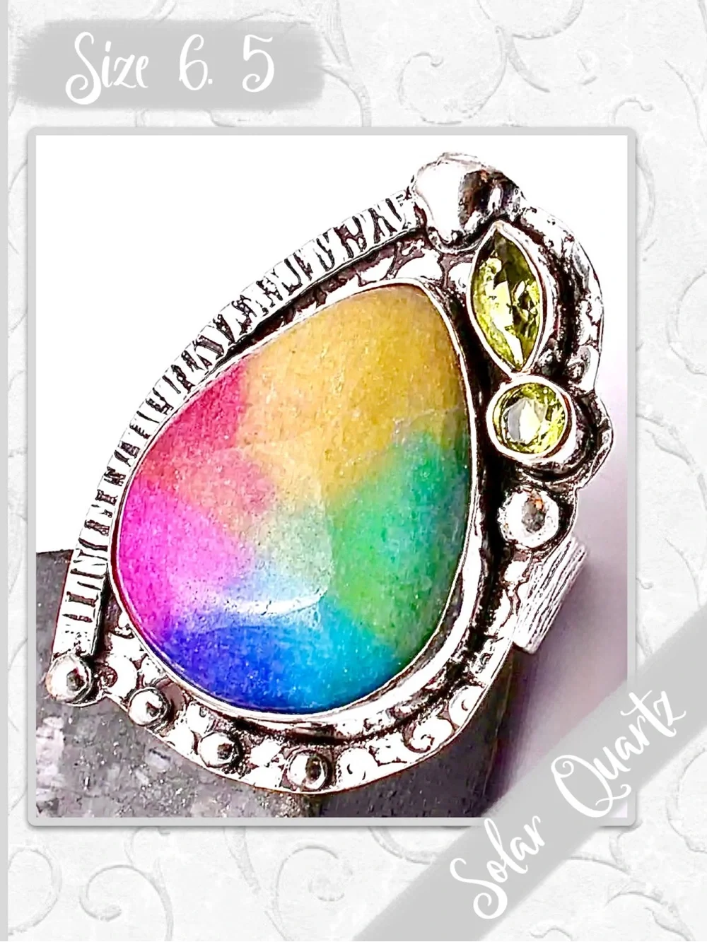 Rainbow Solar Quartz Silver Artisan Ring, Blue, Green, Yellow, Red, Magenta Pink